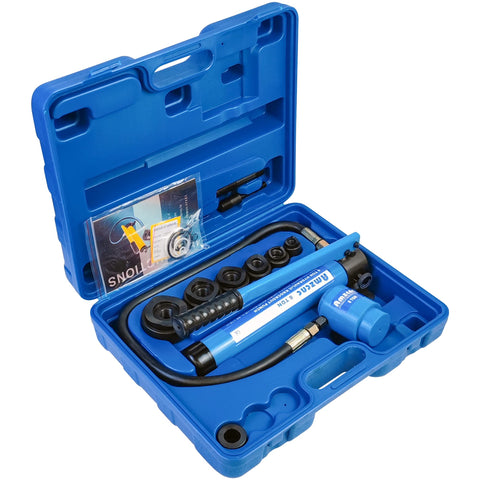 AMZCNC knockout tool in use demonstrating long plastic handle for steady leverage