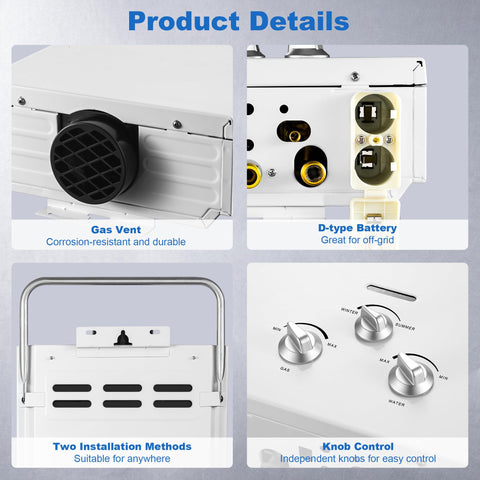 Amzgachfktch 20lb propane-tank operation provides fuel flexibility for remote showers.