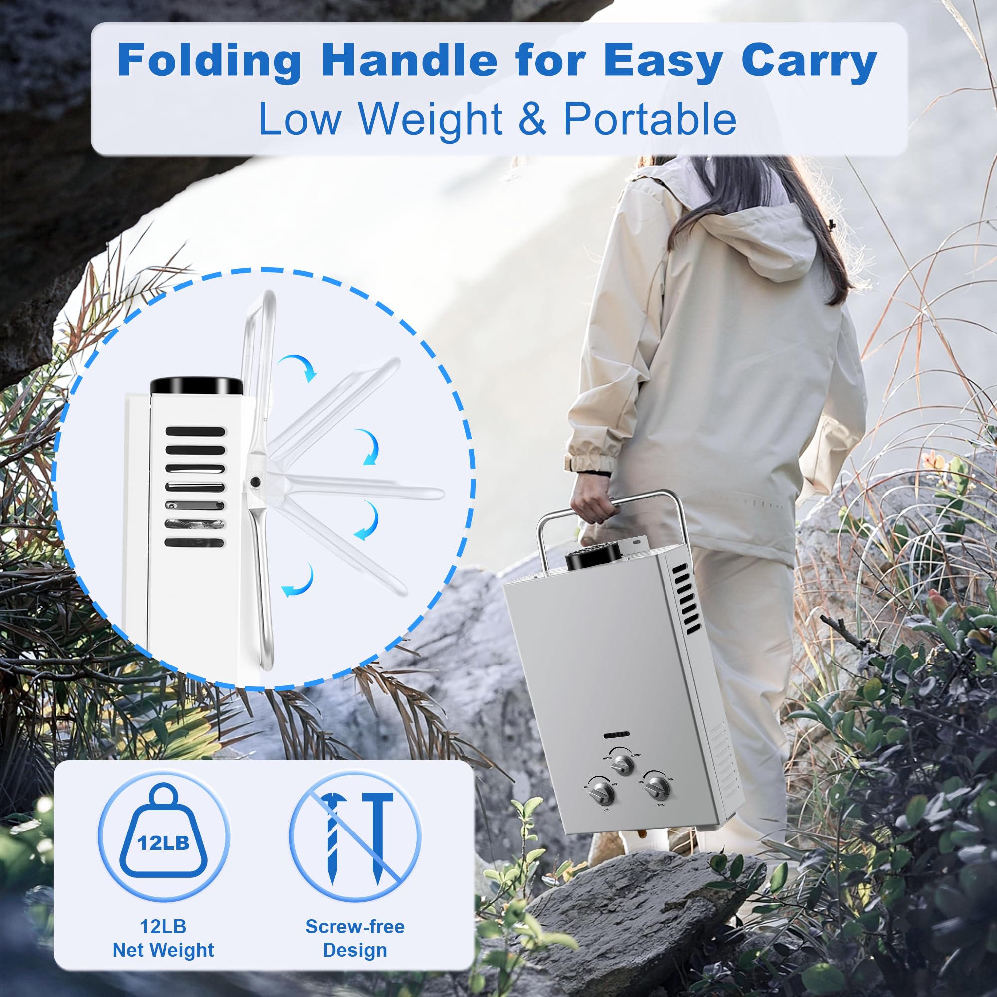 Amzgachfktch off-grid camping water heater ideal for RVs, boats, cabins, and adventures.