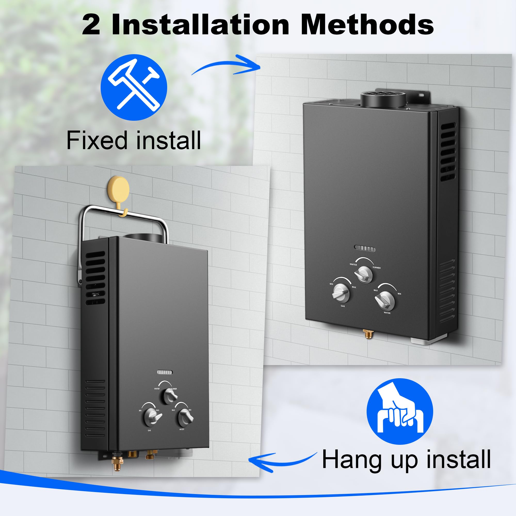 Amzgachfktch off-grid ready water heater for camping, cabins, boats, and more.
