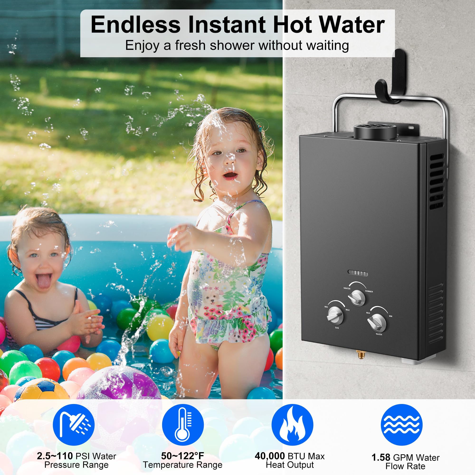 Amzgachfktch portable propane water heater ideal for RVs and remote setups.