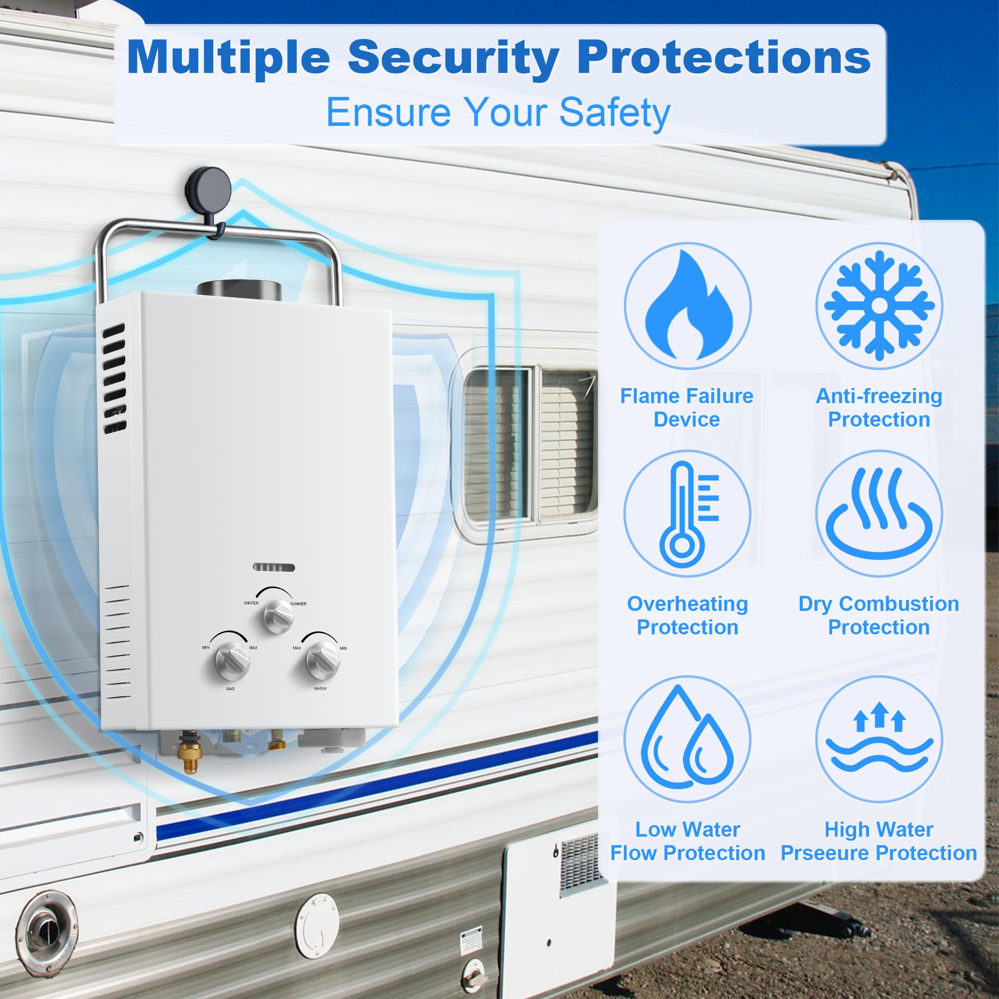 Amzgachfktch portable water heater with foldable-handle for easy hanging and storage.