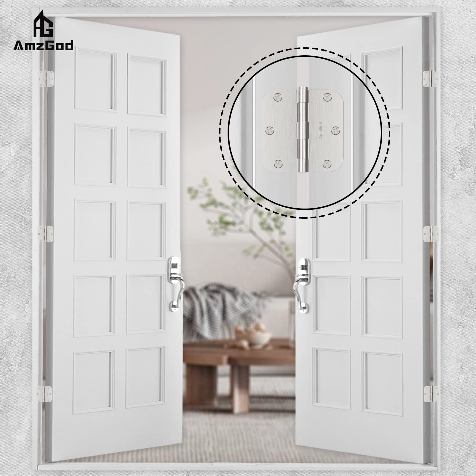 AmzGod hinge close-up reveals smooth-bearing design for quiet door motion.