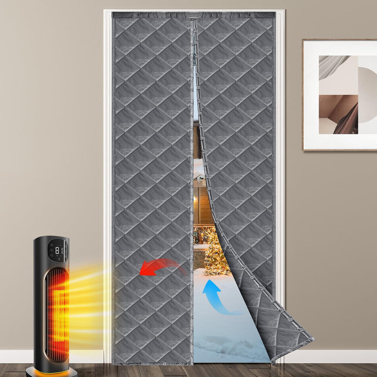 Amzjjle magnetic thermal door curtain with closure magnets for hands-free entry and a tight seal.