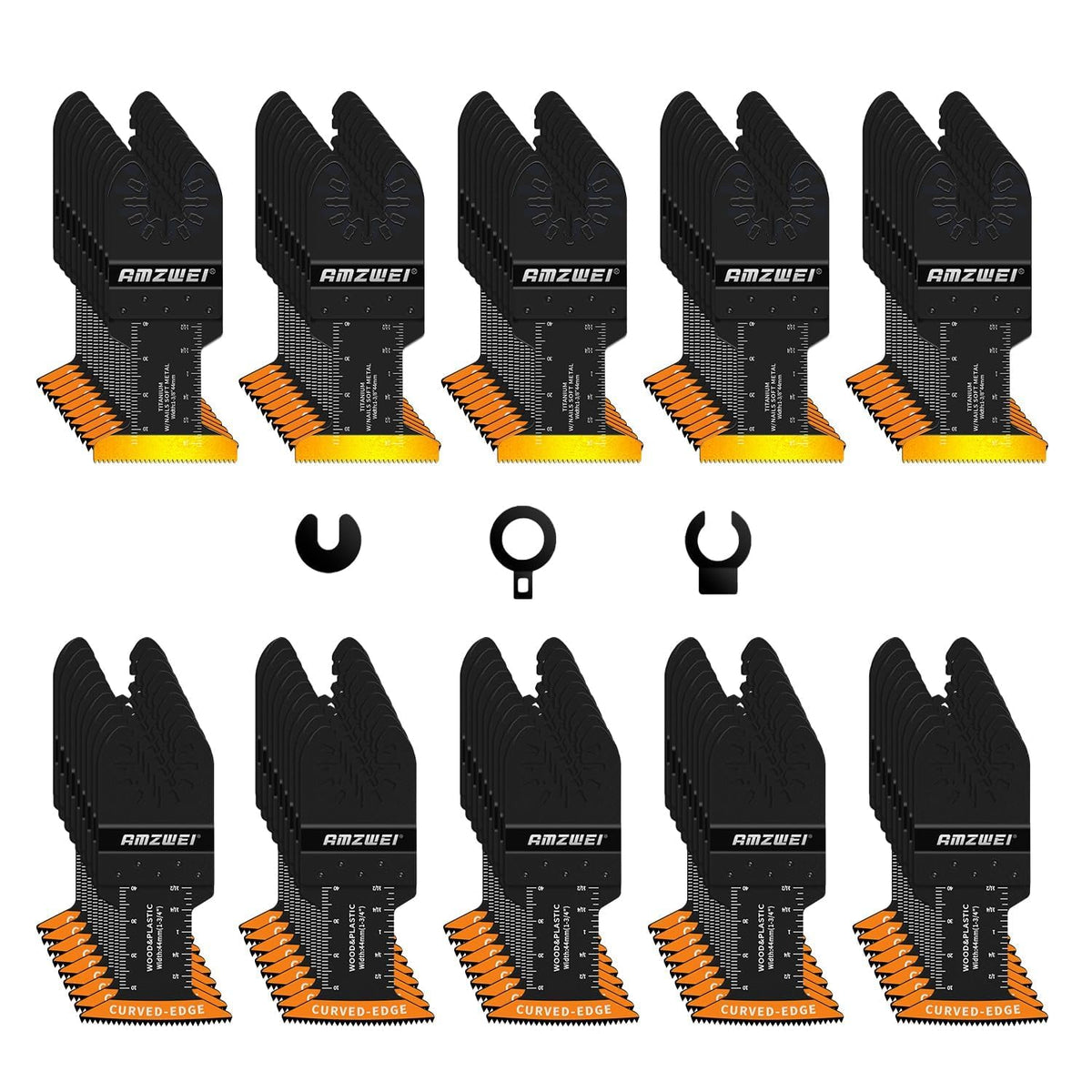 AMZWEI 100pcs oscillating blades kit for versatile metal, wood, and plastic cutting.