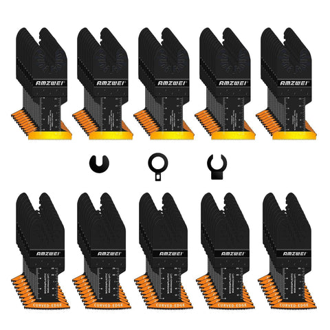 AMZWEI 100pcs oscillating blades kit for versatile metal, wood, and plastic cutting.