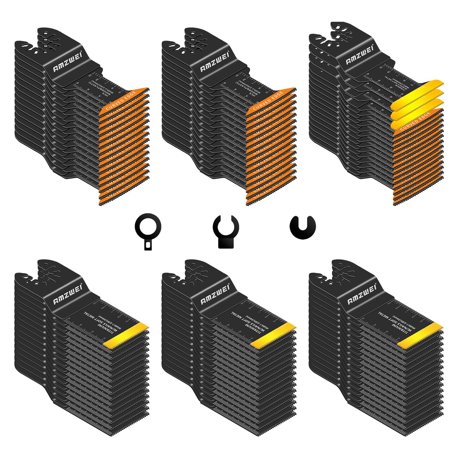 AMZWEI 100Pcs blades set enables versatile cuts across metal, wood, and plastic.