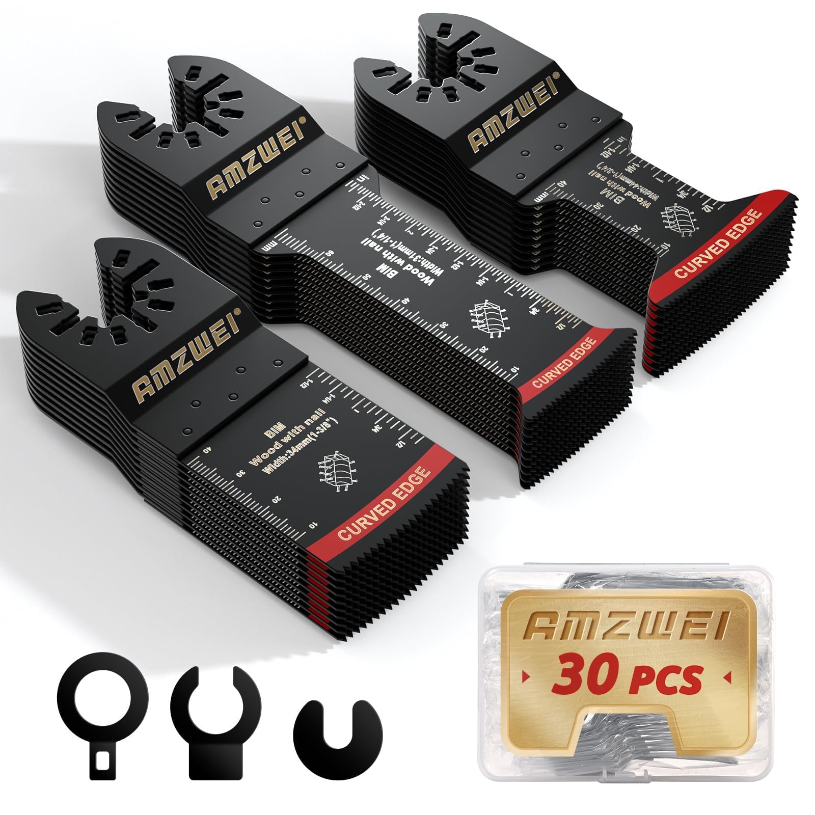 AMZWEI 30pcs bi-metal blades set shown, offering versatile cutting for wood and metal.