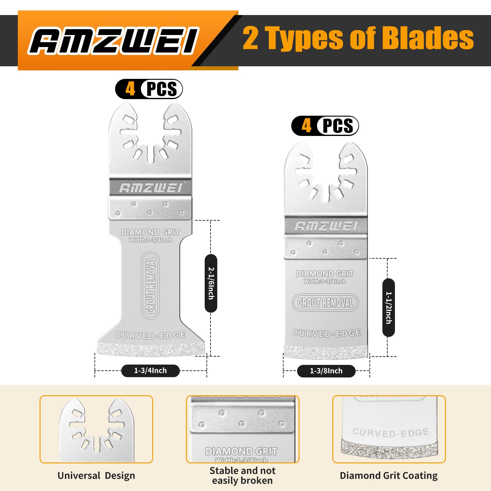 AMZWEI curved-edge blades enabling corner access for precise tile cuts.