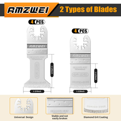 AMZWEI curved-edge blades enabling corner access for precise tile cuts.