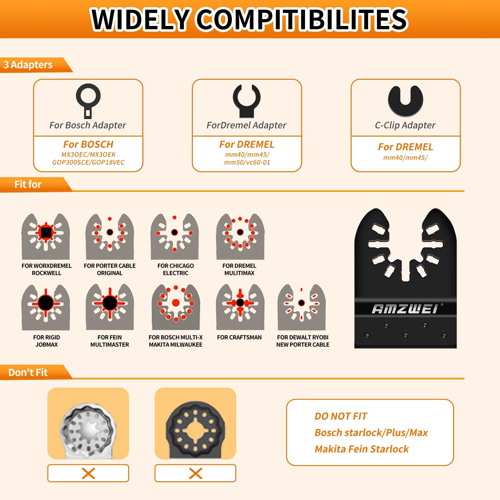 AMZWEI universal compatibility with major oscillating tool brands.