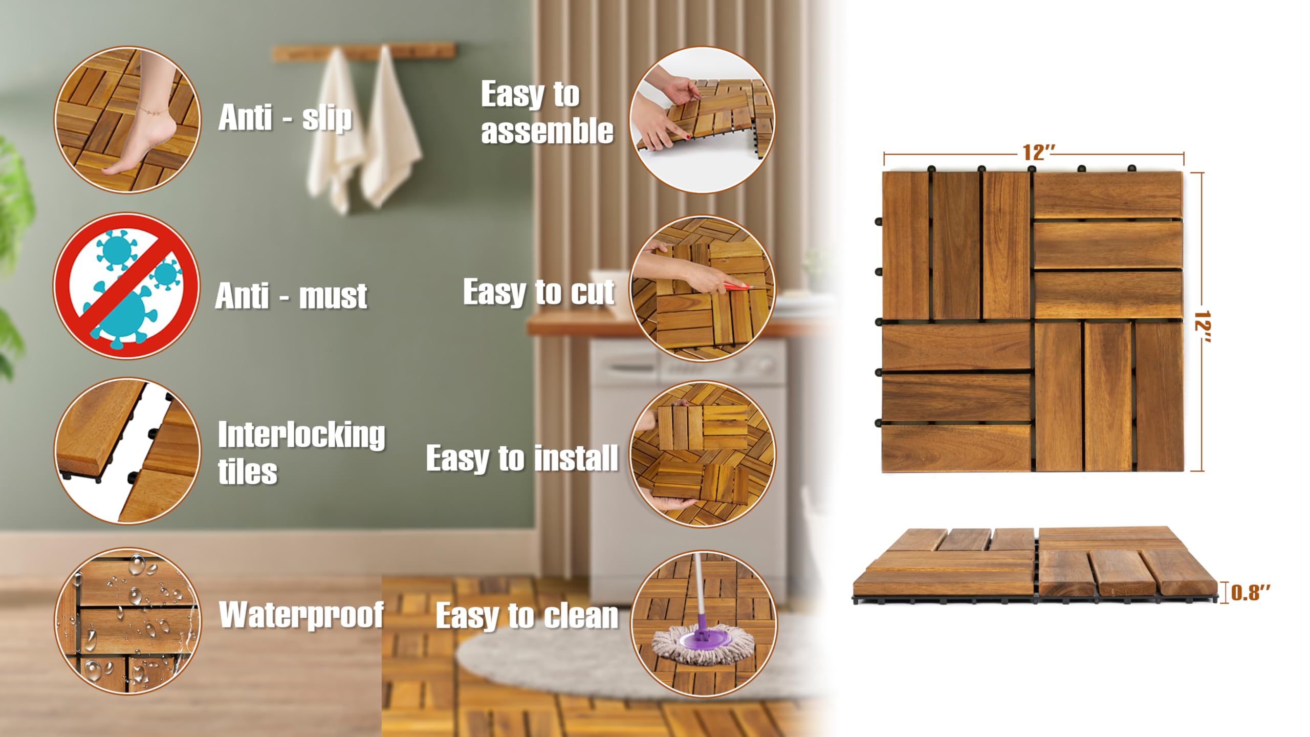 AN68 acacia wood tiles show natural color and warm grain for stylish outdoor spaces.
