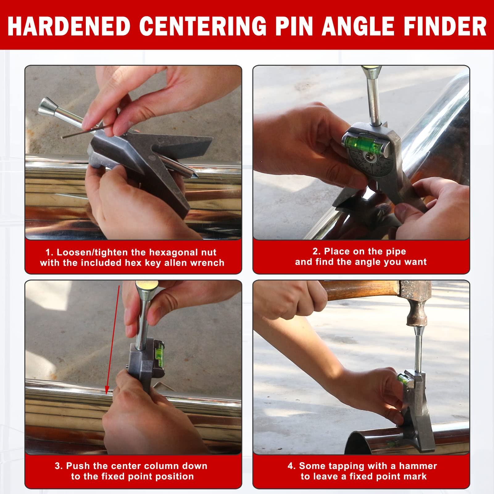 Anblak Pipe Center Finder shows dial bubble protractor details for accurate angles.