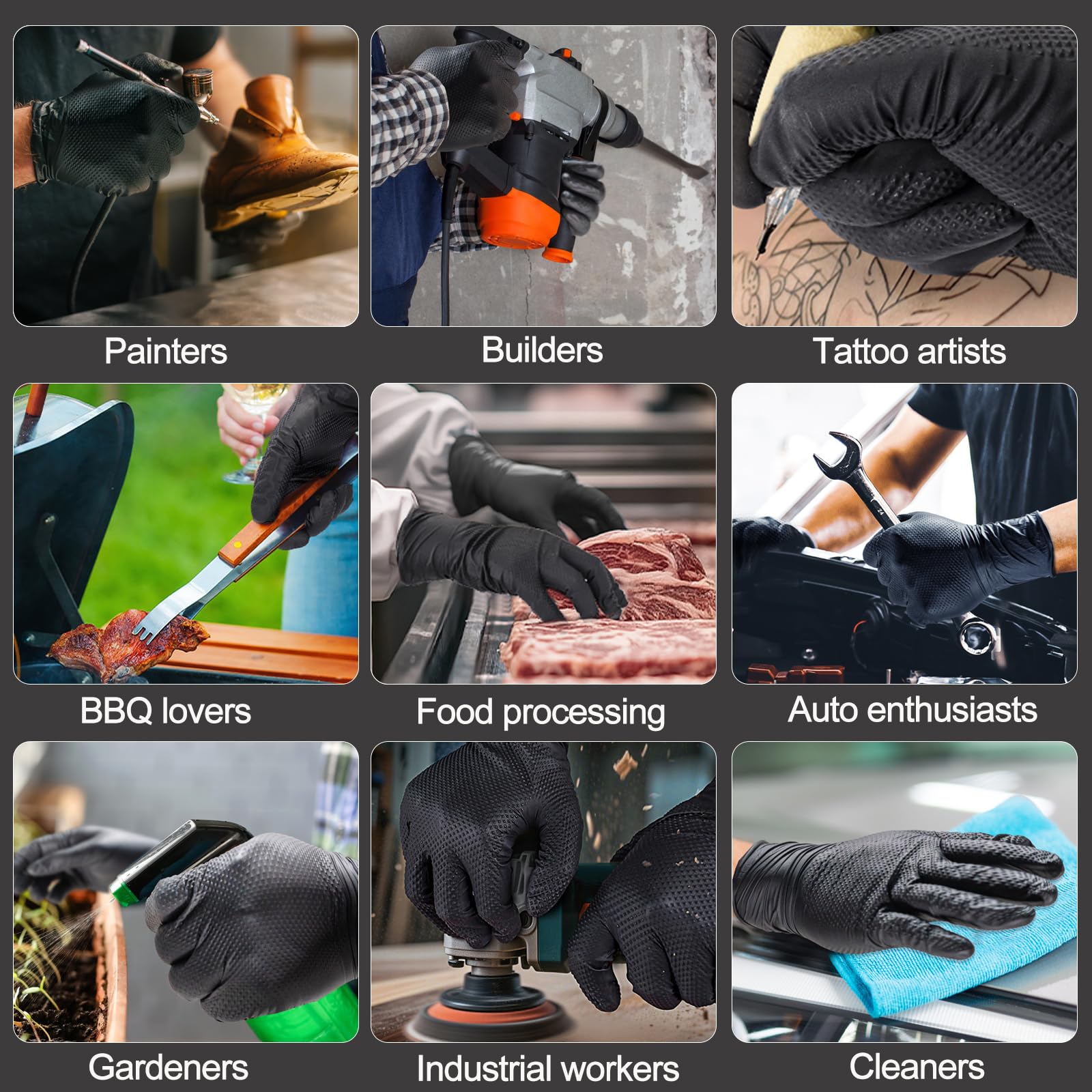 ANBOSON black nitrile gloves with diamond grip texture for secure handling.