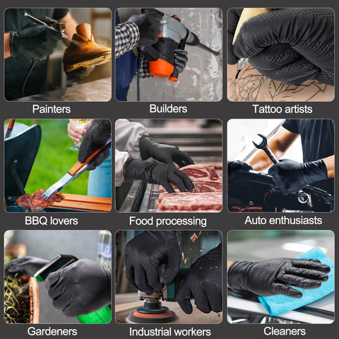 ANBOSON black nitrile gloves with diamond grip texture for secure handling.
