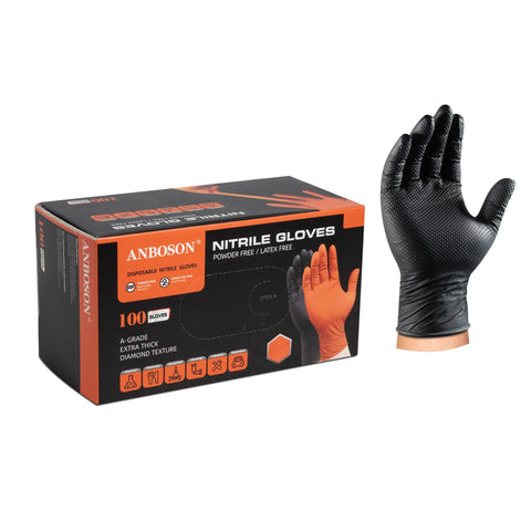 ANBOSON 10mil nitrile gloves pack shot; heavy-duty protection for mechanical work.