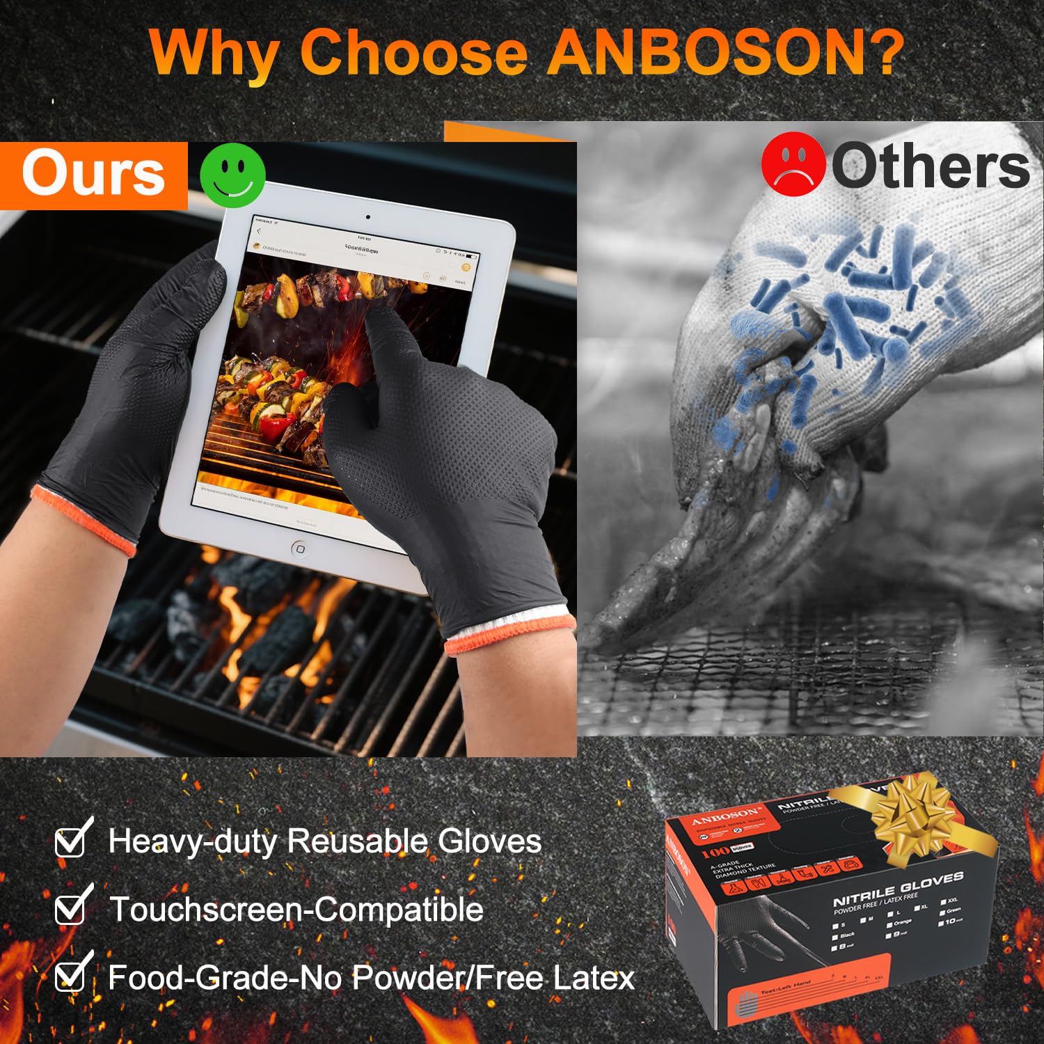 ANBOSON nitrile gloves resisting sharp edges while grilling