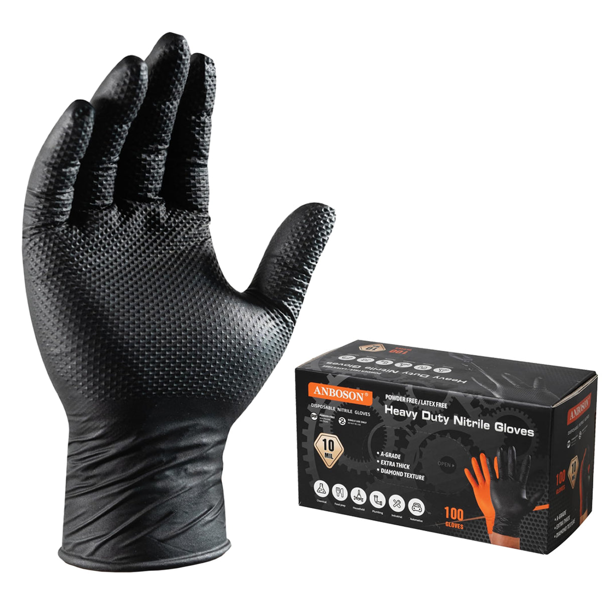 ANBOSON heavy-duty 10mil nitrile gloves close-up with raised diamond texture for secure grip