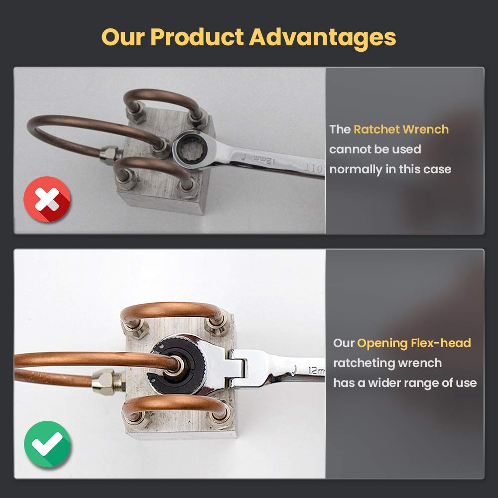 Anbull flex-head wrench at 180-degree angle for hard-to-reach spaces
