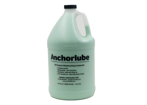 Anchorlube bottle with green semi-paste close-up for stainless steel drilling.