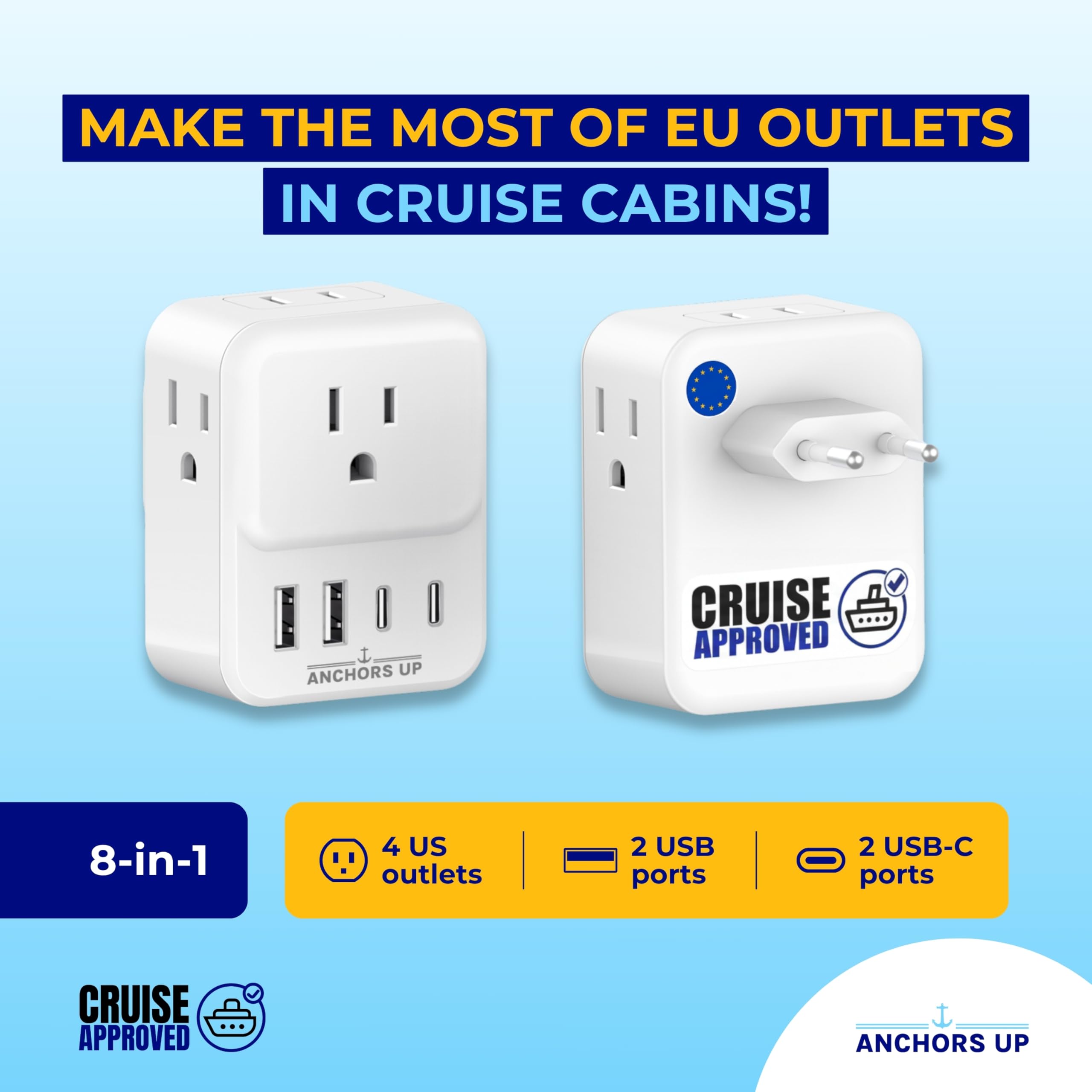 Anchors Up compact EU socket adapter for cruise ships saves space while charging on the go.