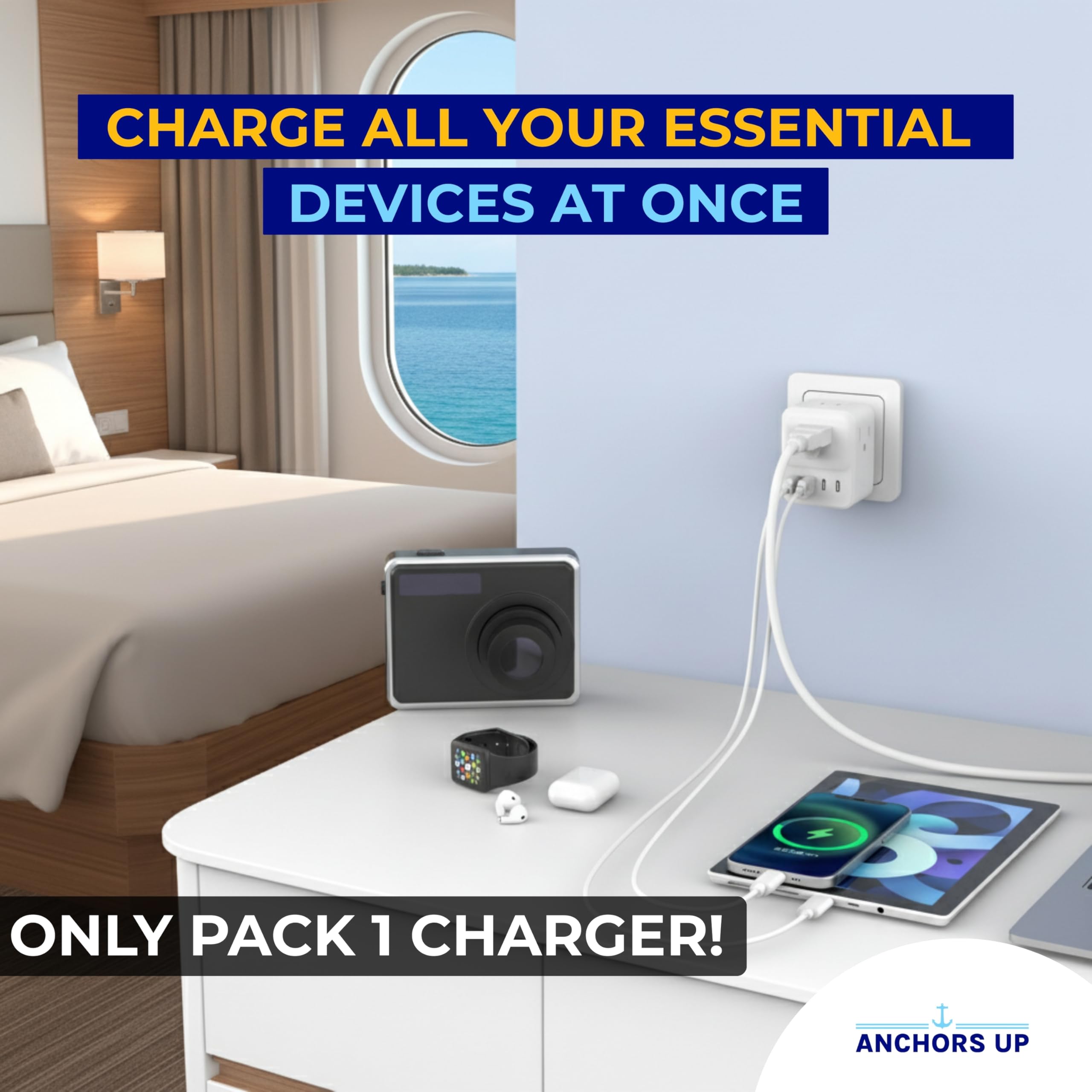 Anchors Up cruise-ready adapter fits EU Type C/F sockets and works with major lines.