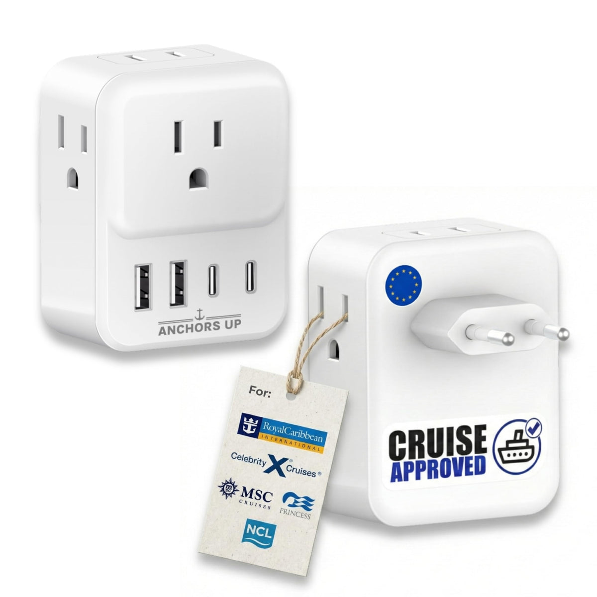 Anchors Up EU plug travel adapter with 8-in-1 USB ports powers multiple devices in cruise cabins.