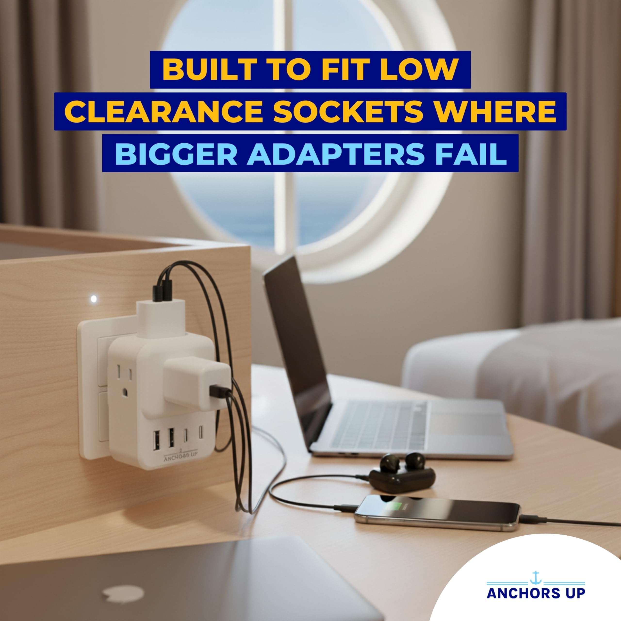 Anchors Up low-profile design keeps plugs neat in cabin power strips.