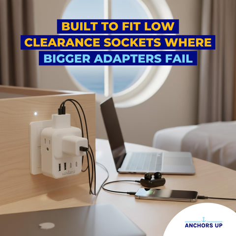 Anchors Up low-profile design keeps plugs neat in cabin power strips.
