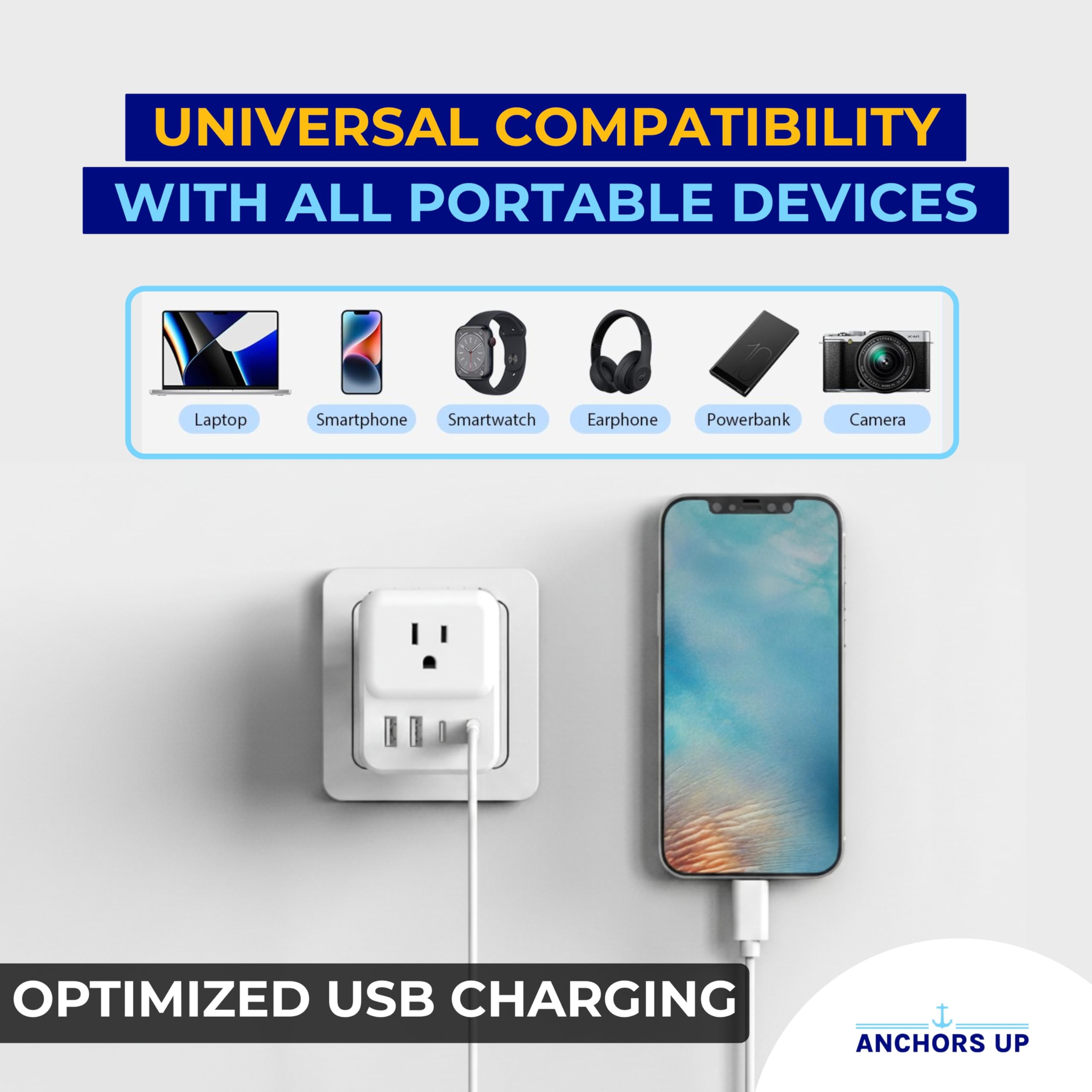 Anchors Up portable travel adapter fits easily in luggage for European hotel stays.