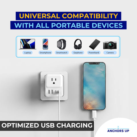 Anchors Up portable travel adapter fits easily in luggage for European hotel stays.