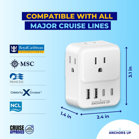 Anchors Up USB-A and USB-C ports support phones, tablets, and cameras during travel.