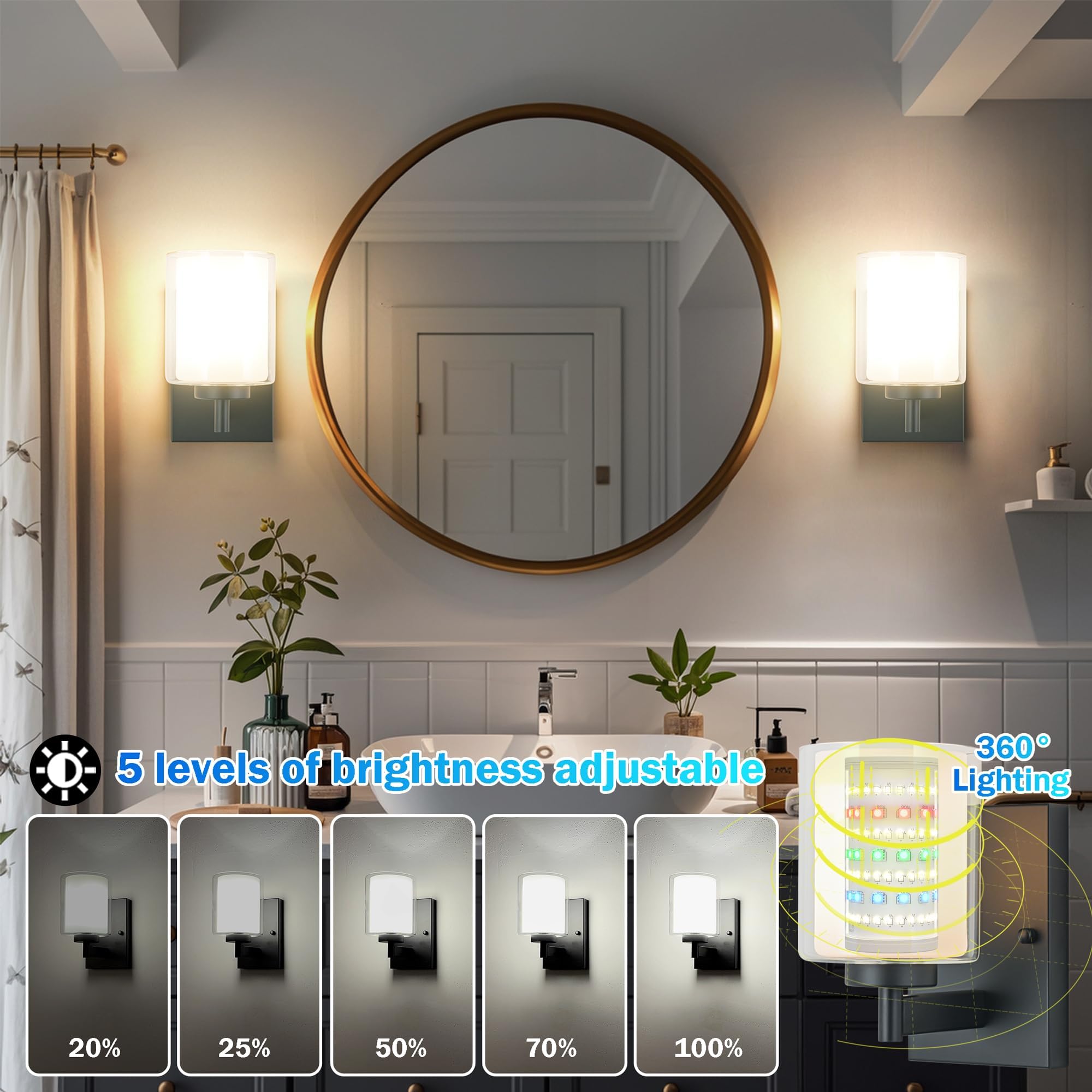 andachetg double clear glass shade adds refined bathroom vanity glow