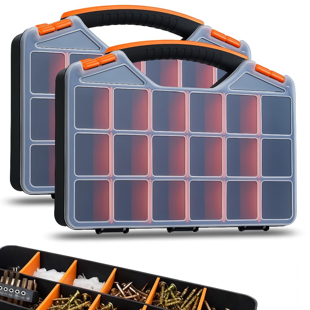 Andalus Tools Organizer Box with orange lids, 18 compartments for screws and bolts.