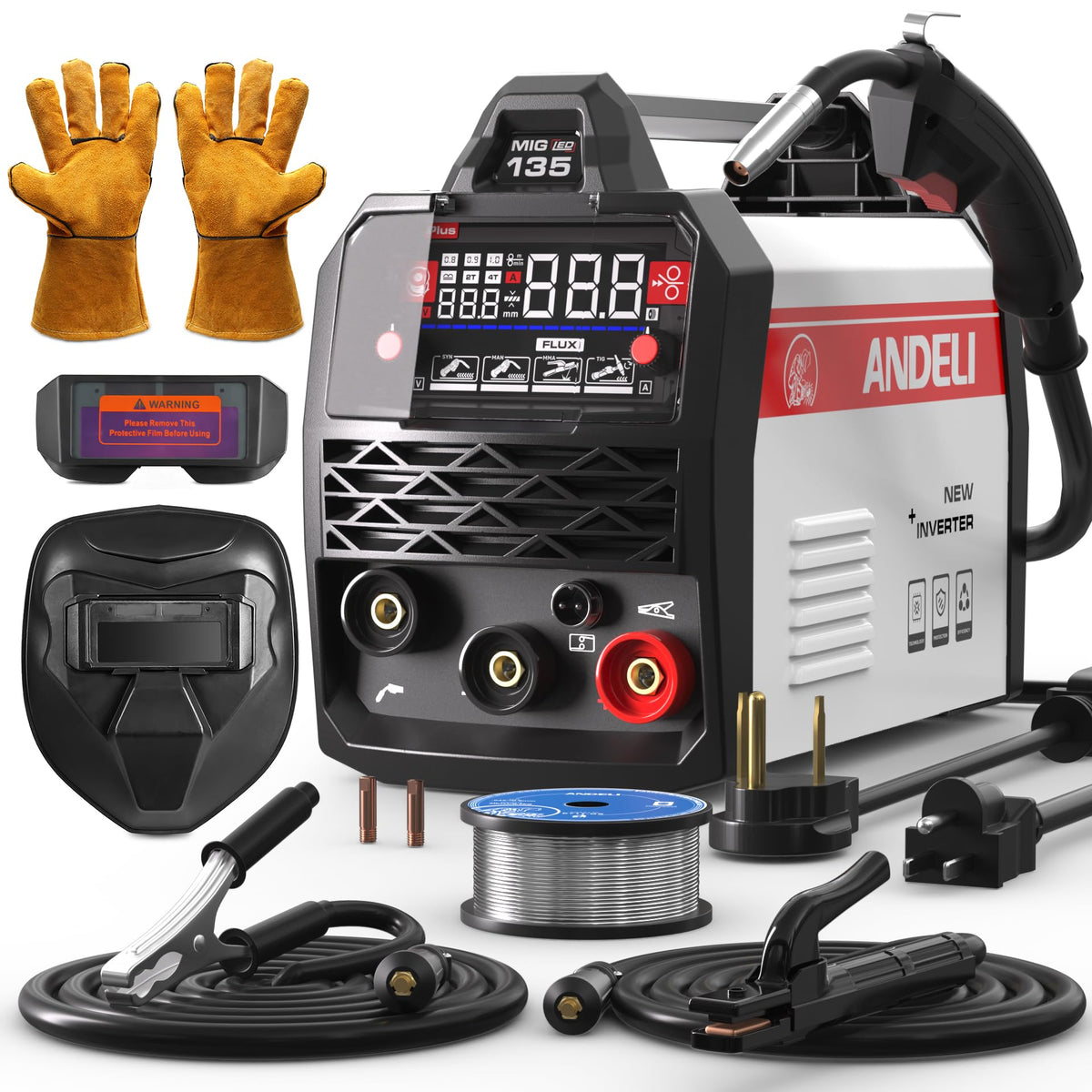 ANDELI 135A MIG welder front view shows compact, portable design for home projects.