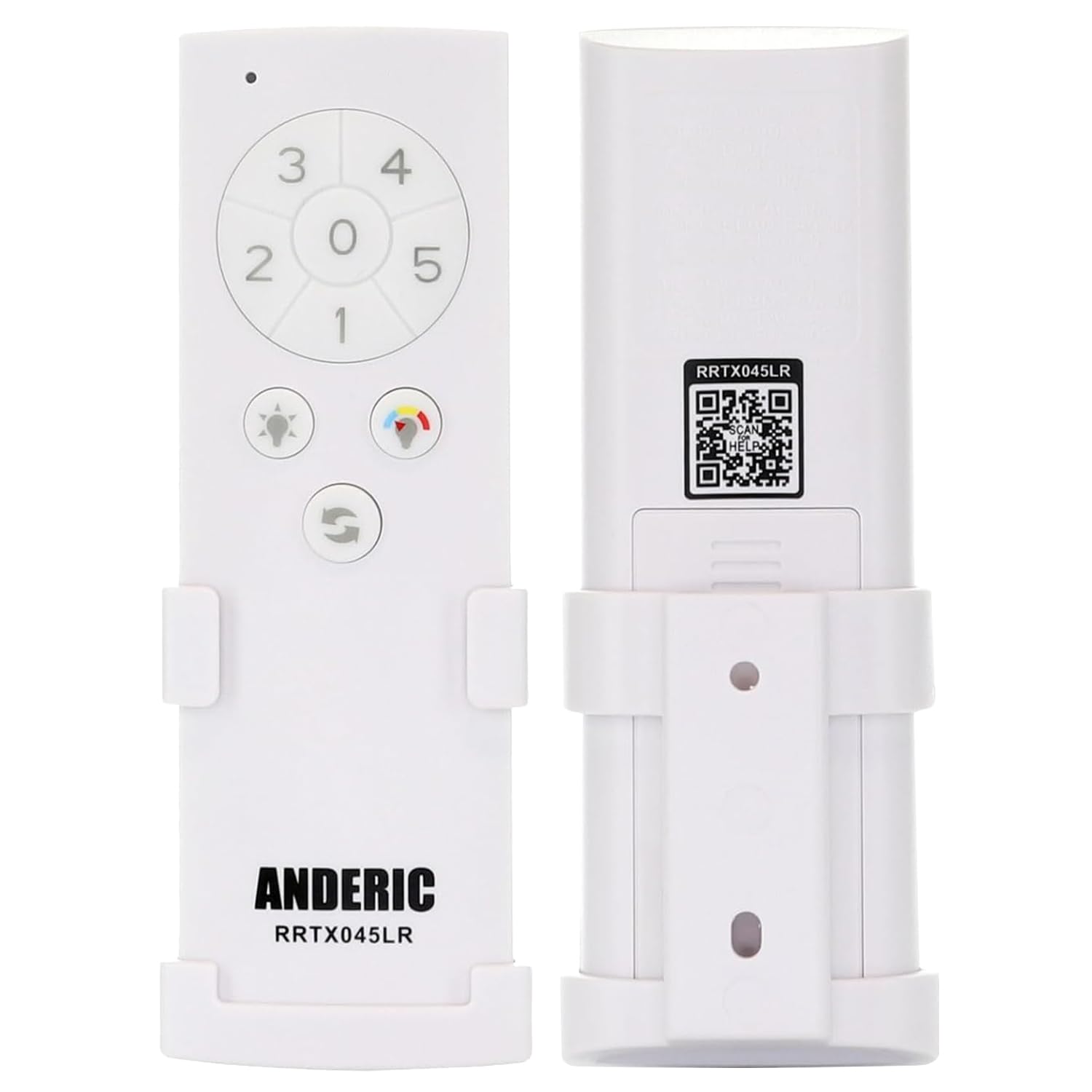 Anderic RRTX045-LR remote back panel showing Learn key for pairing