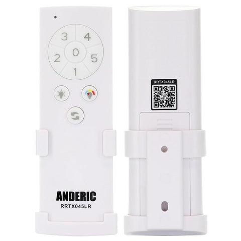 Anderic RRTX045-LR remote back panel showing Learn key for pairing