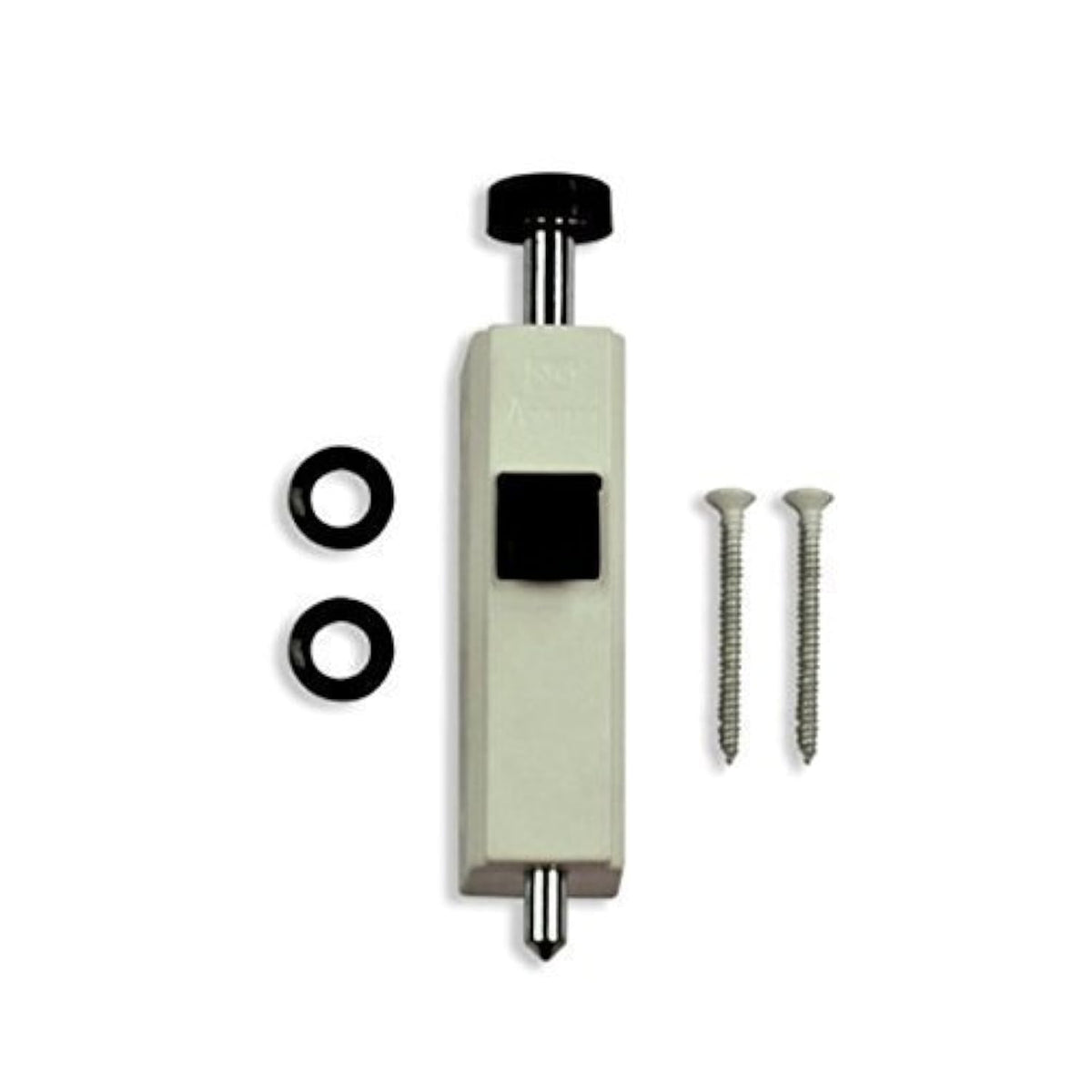 Andersen auxiliary security lock foot latch white, front view, improves door security with controlled ventilation.