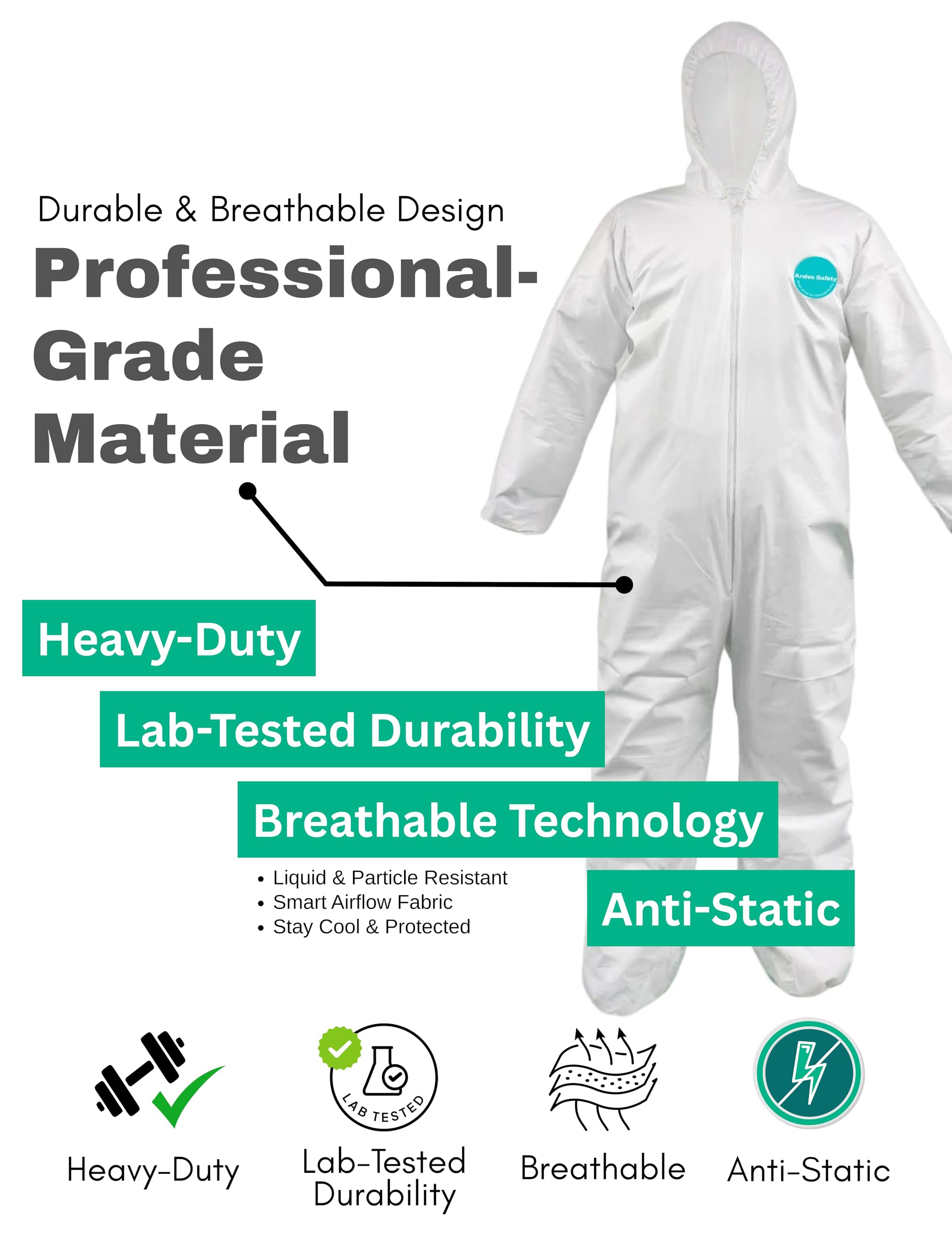 Andes Safety hooded coveralls detail provides complete head-to-toe coverage.