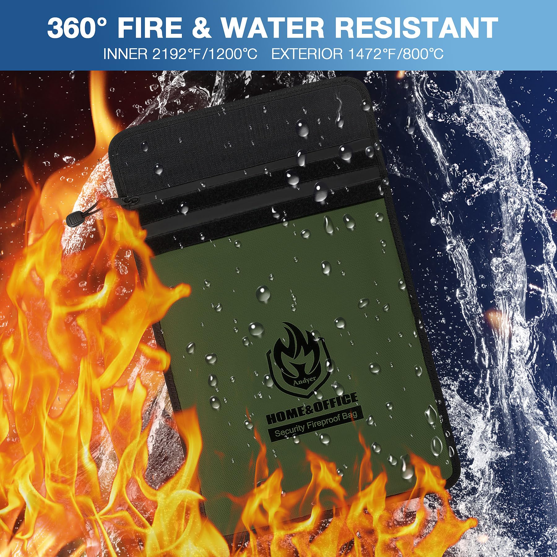 Andyer fireproof bag waterproof sealed zipper closeup highlighting secure protection
