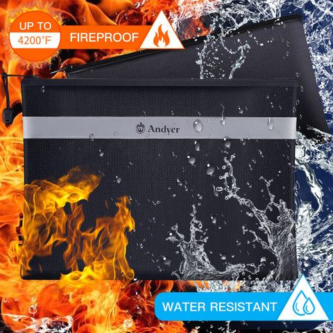 Andyer fireproof document bag 13.4x10 open zipper for quick access.