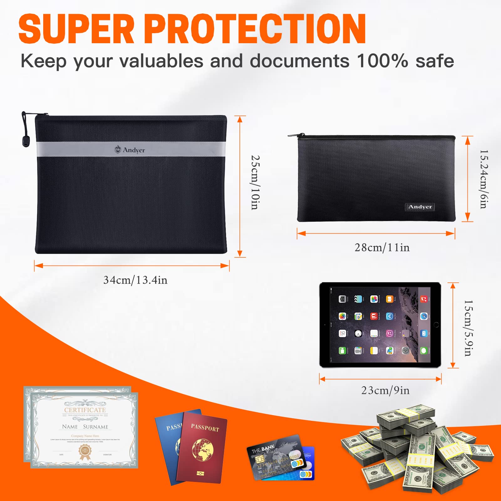 Andyer fireproof money bag 11x6 front view for secure cash storage.