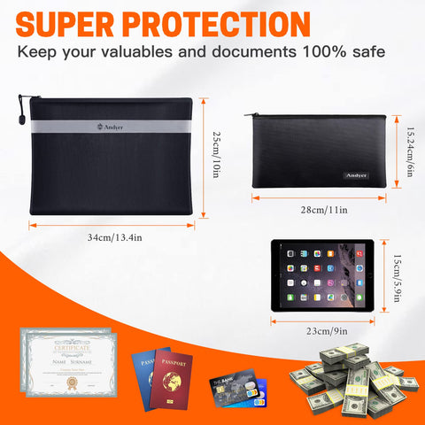 Andyer fireproof money bag 11x6 front view for secure cash storage.