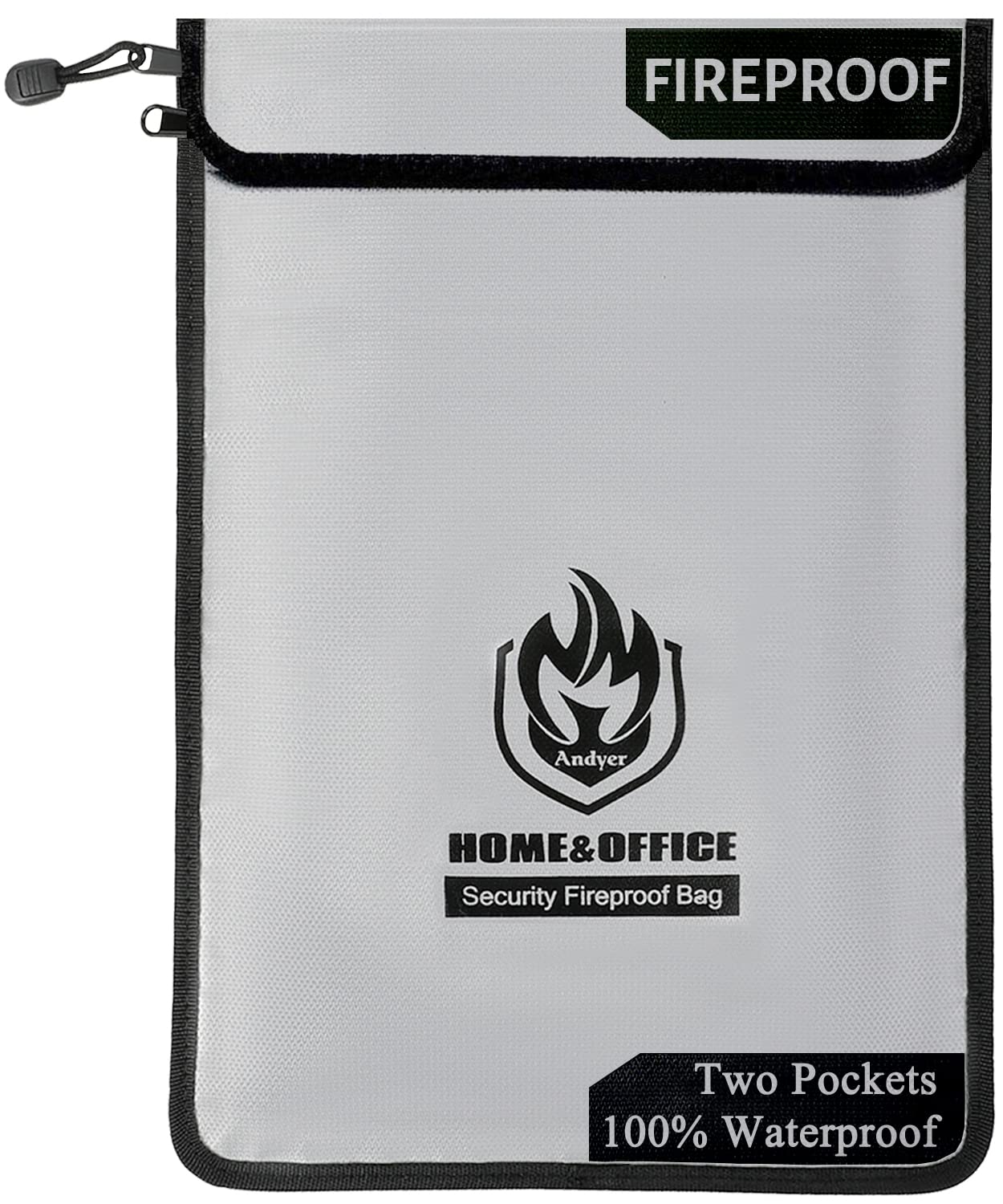 Andyer upgraded two-pocket fireproof bag front view for secure document storage on the go
