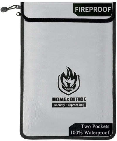Andyer upgraded two-pocket fireproof bag front view for secure document storage on the go