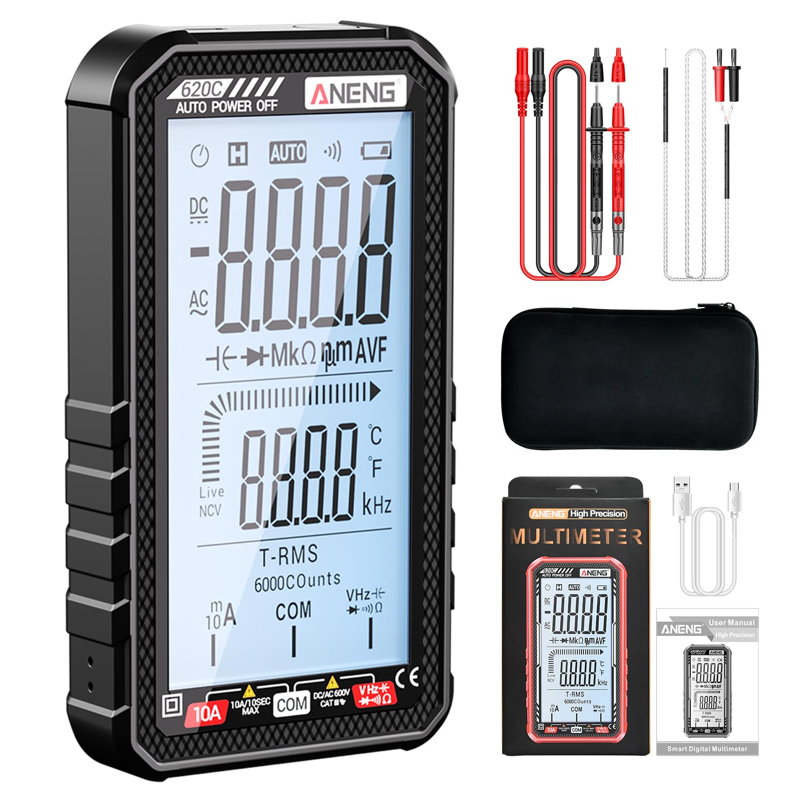 ANENG 620C front view shows a compact, pocket-sized multimeter for on-the-go testing.