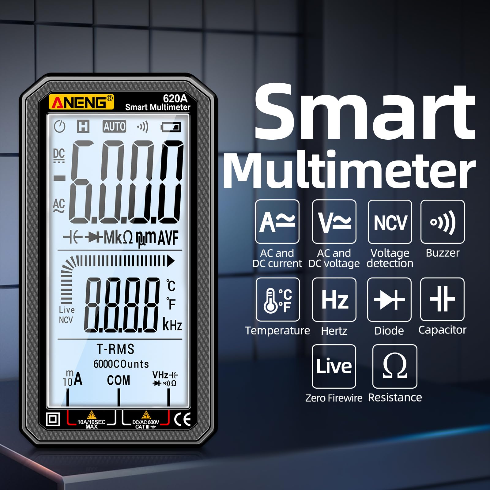 ANENG DMM LCD display shows temperature readouts for quick on-site checks