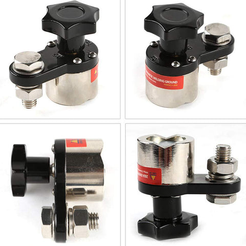 ANER on/off adjustable clamp securing welding ground with magnetic switch control.