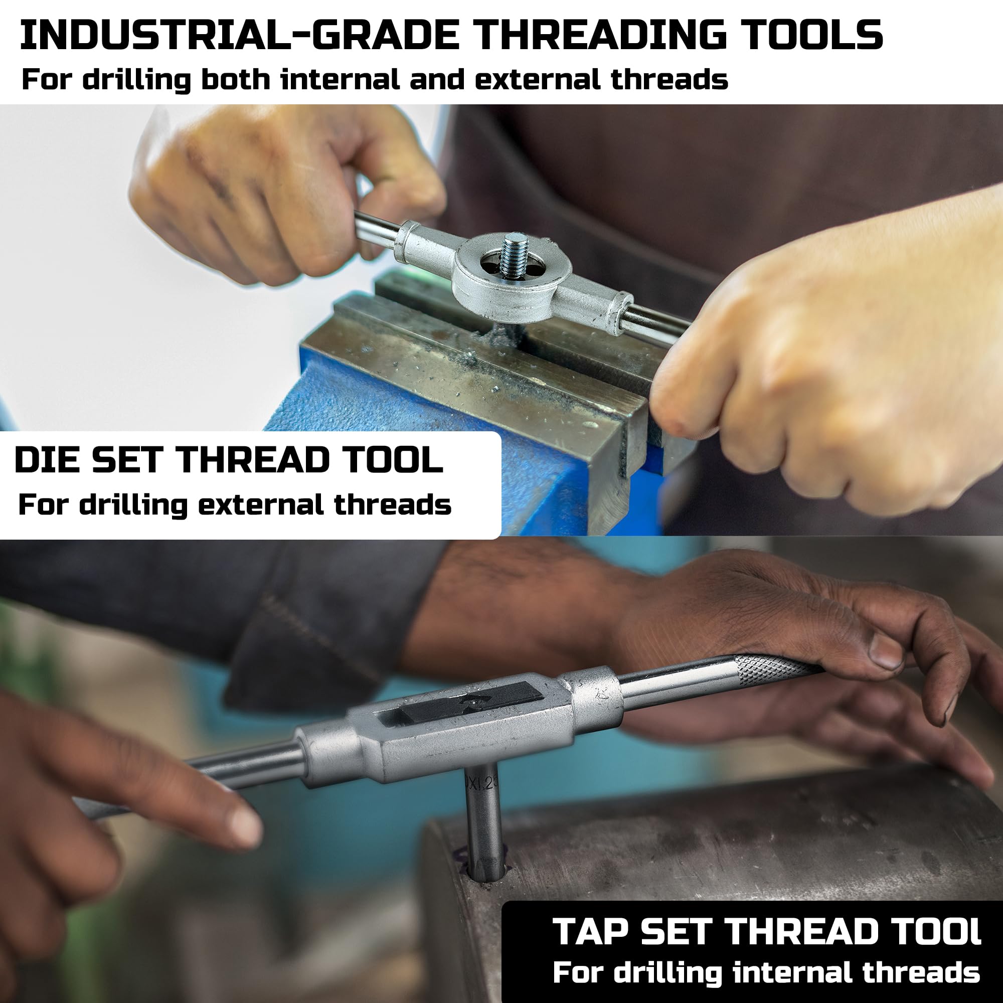 Anfrere metric and SAE taps and dies organized for versatile metal threading.