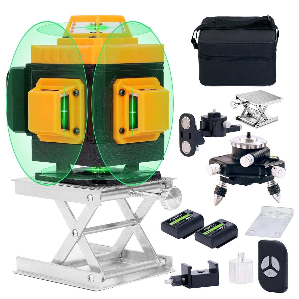 Angel Kiss 4D laser level front view with bright green cross lines for precise indoor alignment.